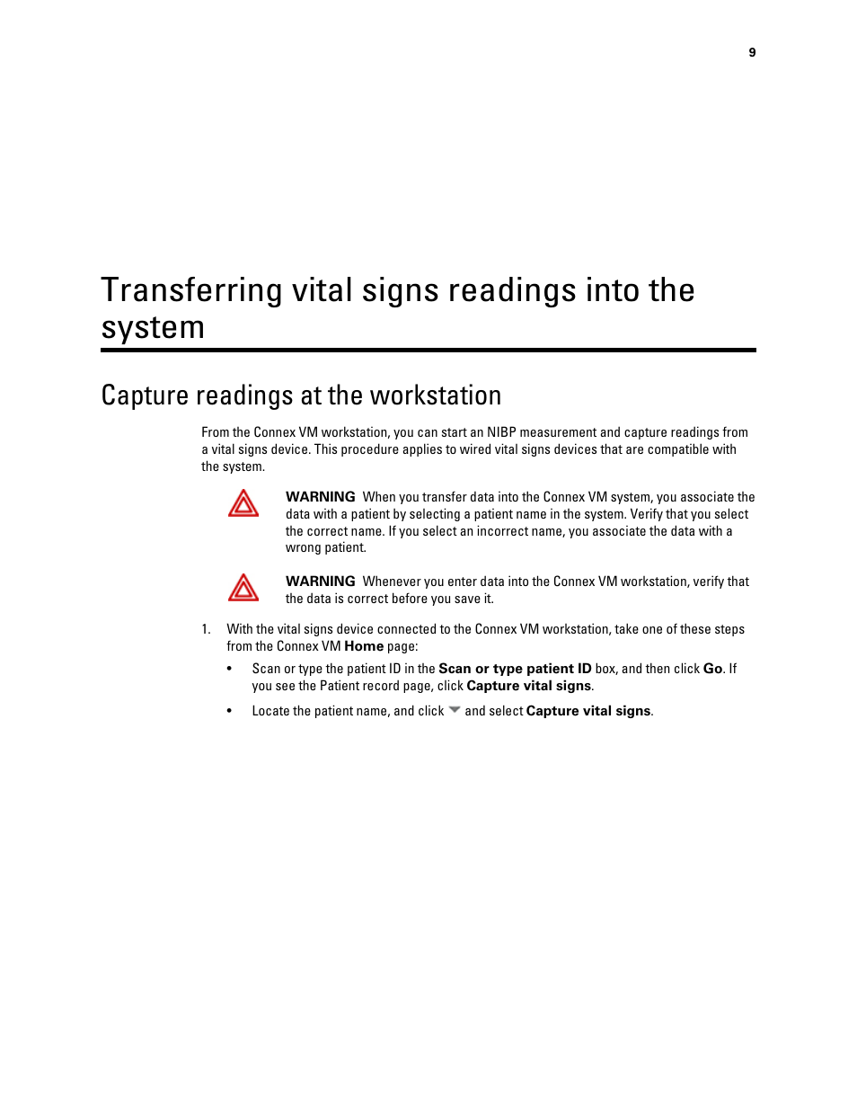 Transferring vital signs readings into the system, Capture readings at the workstation | Welch Allyn Connex VM data management system - User Manual User Manual | Page 13 / 36