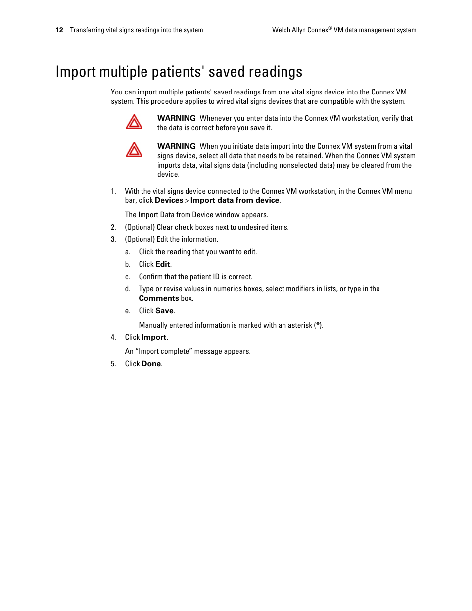 Import multiple patients' saved readings | Welch Allyn Connex VM data management system - User Manual User Manual | Page 16 / 36