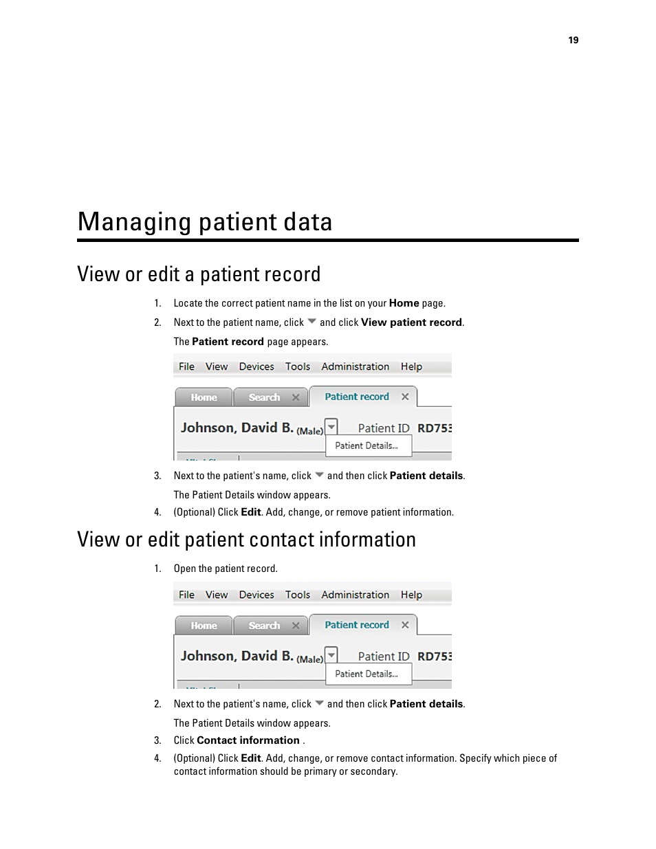 Managing patient data, View or edit a patient record, View or edit patient contact information | Welch Allyn Connex VM data management system - User Manual User Manual | Page 23 / 36