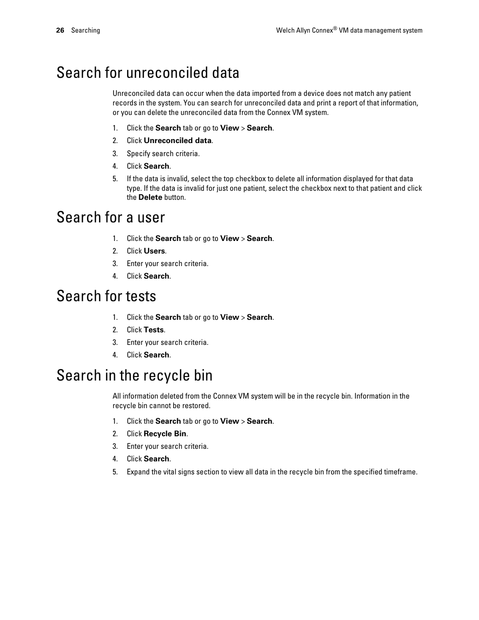 Search for unreconciled data, Search for a user, Search for tests | Search in the recycle bin | Welch Allyn Connex VM data management system - User Manual User Manual | Page 30 / 36