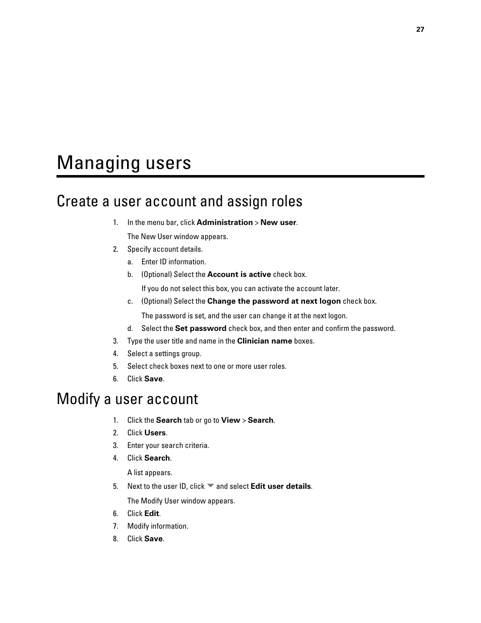 Managing users, Create a user account and assign roles, Modify a user account | Welch Allyn Connex VM data management system - User Manual User Manual | Page 31 / 36