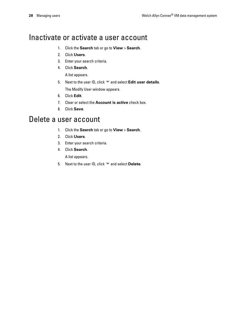 Inactivate or activate a user account, Delete a user account | Welch Allyn Connex VM data management system - User Manual User Manual | Page 32 / 36