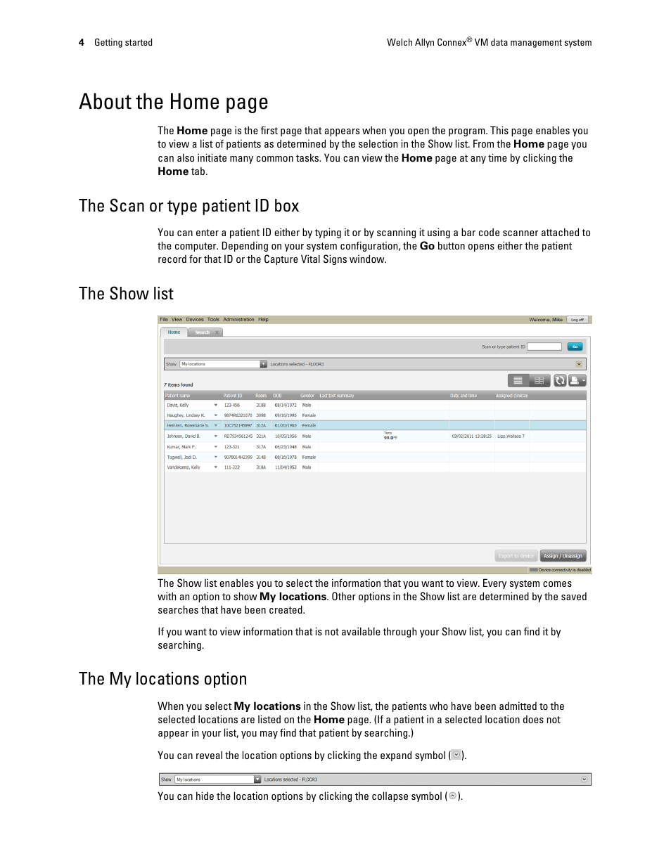 The scan or type patient id box, The show list, The my locations option | About the home page | Welch Allyn Connex VM data management system - User Manual User Manual | Page 8 / 36