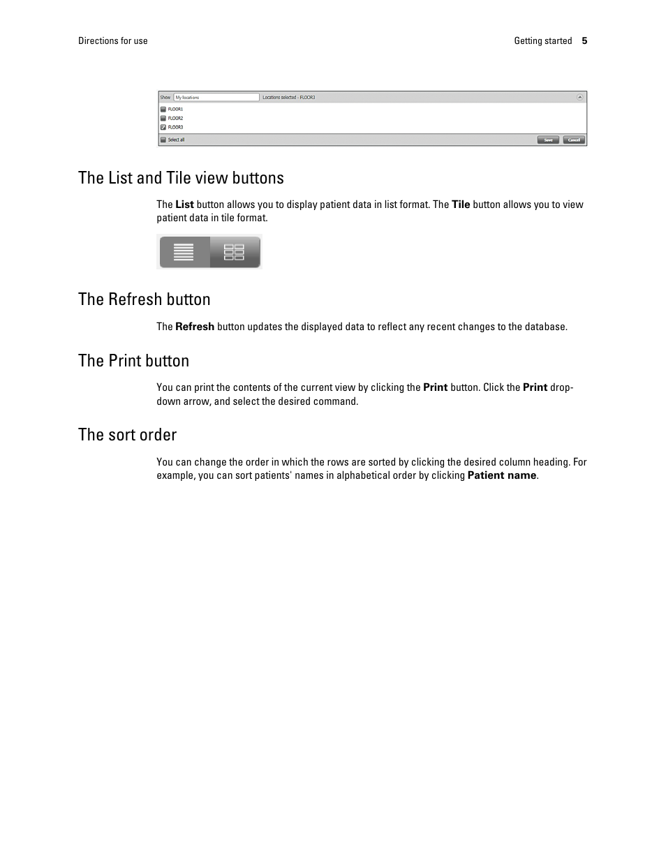 The list and tile view buttons, The refresh button, The print button | The sort order | Welch Allyn Connex VM data management system - User Manual User Manual | Page 9 / 36