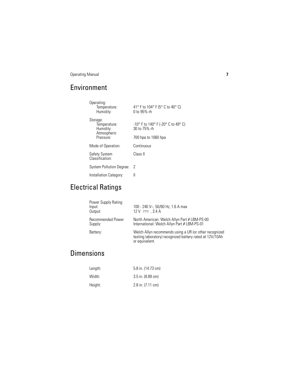 Environment, Electrical ratings, Dimensions | Environment electrical ratings dimensions | Welch Allyn LB-24 Solarc Light Source - User Manual User Manual | Page 11 / 16