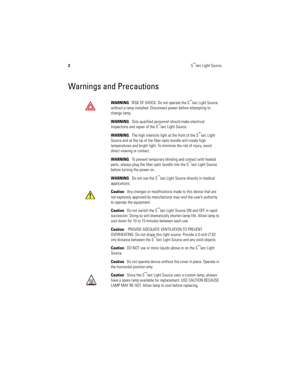 Warnings and precautions | Welch Allyn LB-24 Solarc Light Source - User Manual User Manual | Page 6 / 16