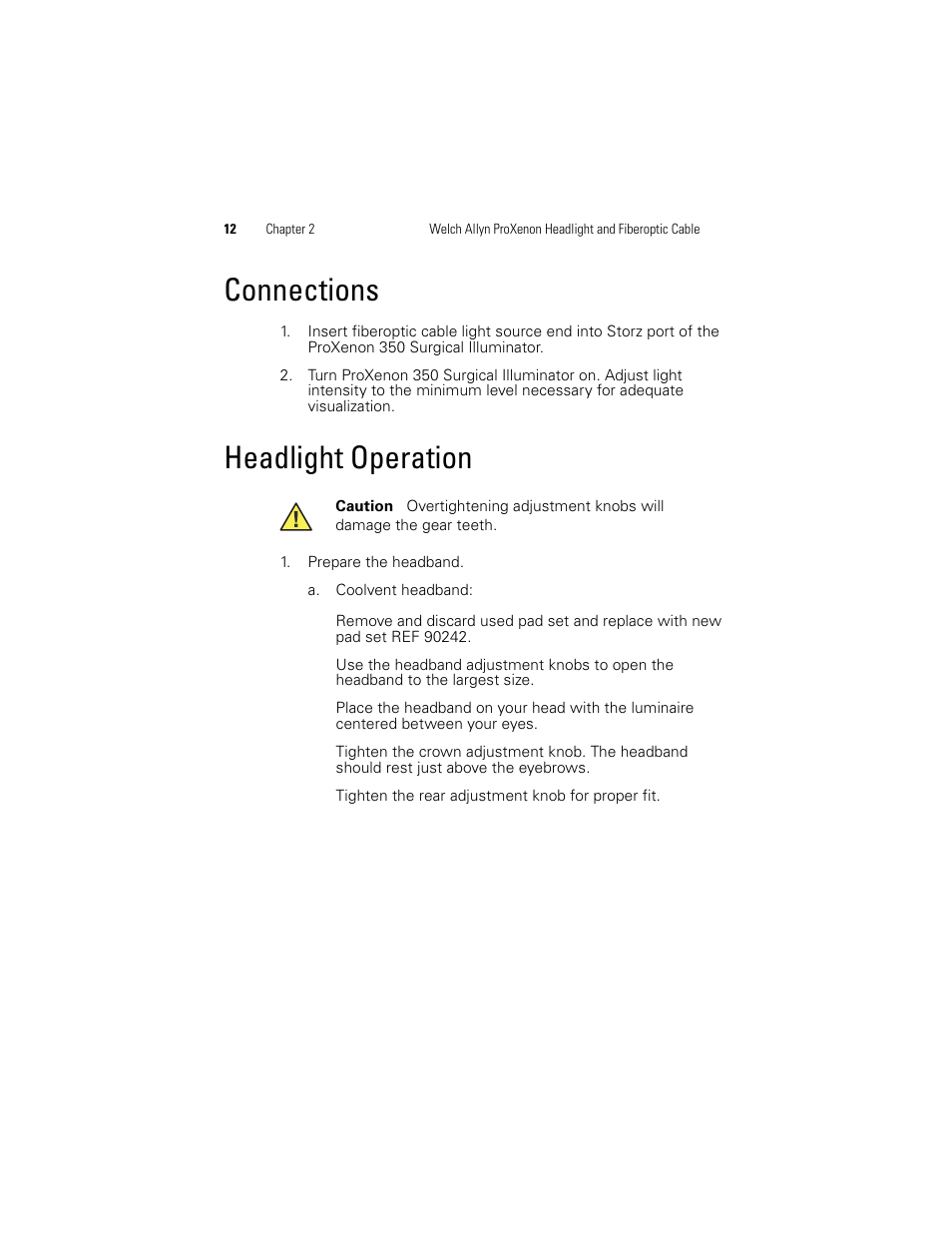 Connections, Headlight operation, Connections headlight operation | Welch Allyn Proxenon Headlight And Fiber Optic Cable - User Manual User Manual | Page 16 / 28