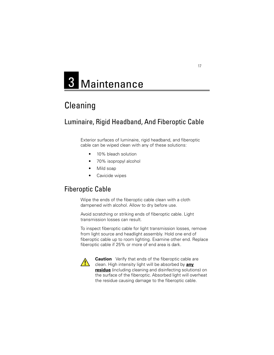 Maintenance, Cleaning, Luminaire, rigid headband, and fiberoptic cable | Fiberoptic cable | Welch Allyn Proxenon Headlight And Fiber Optic Cable - User Manual User Manual | Page 21 / 28