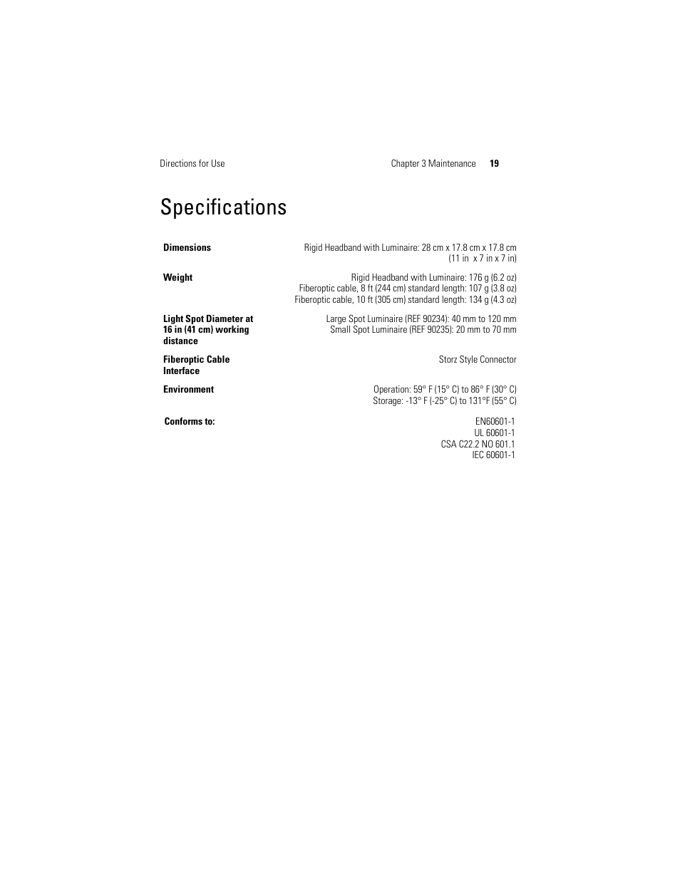 Specifications | Welch Allyn Proxenon Headlight And Fiber Optic Cable - User Manual User Manual | Page 23 / 28