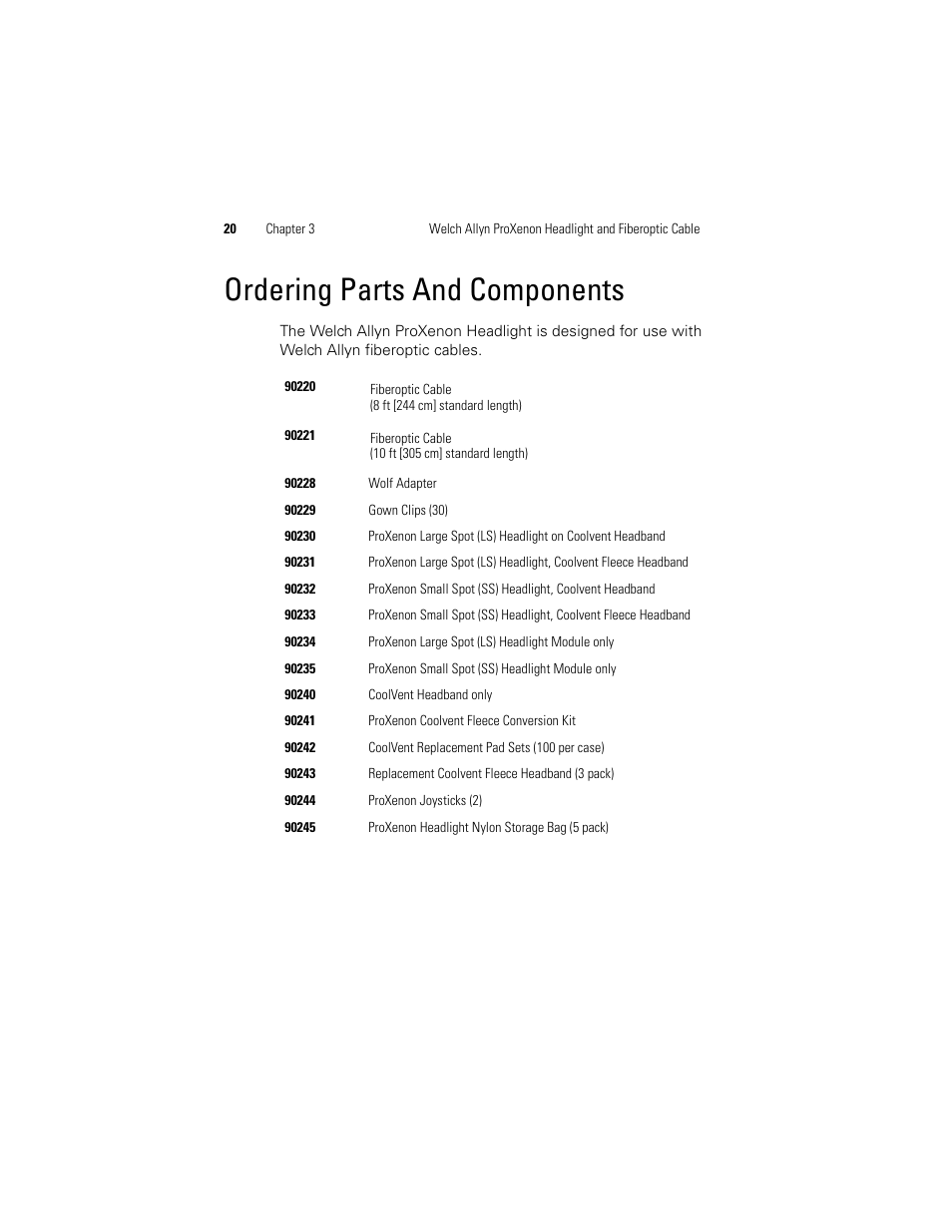 Ordering parts and components | Welch Allyn Proxenon Headlight And Fiber Optic Cable - User Manual User Manual | Page 24 / 28