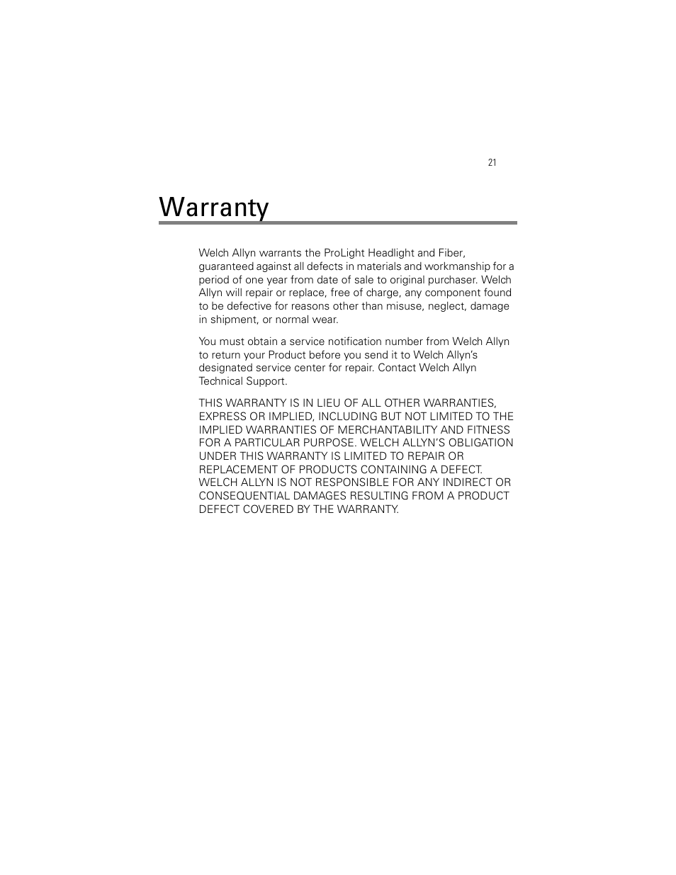 Warranty | Welch Allyn Proxenon Headlight And Fiber Optic Cable - User Manual User Manual | Page 25 / 28