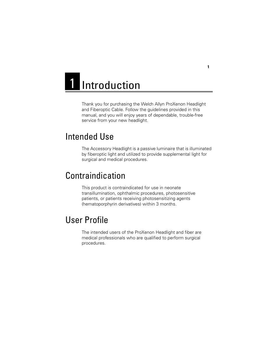 Introduction, Intended use, Contraindication | User profile, Intended use contraindication user profile | Welch Allyn Proxenon Headlight And Fiber Optic Cable - User Manual User Manual | Page 5 / 28