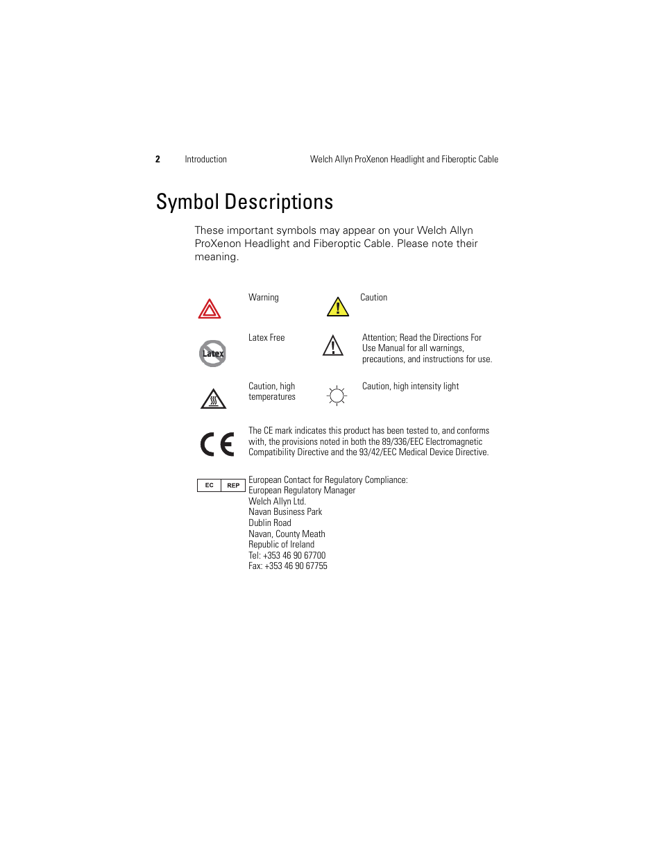 Symbol descriptions | Welch Allyn Proxenon Headlight And Fiber Optic Cable - User Manual User Manual | Page 6 / 28