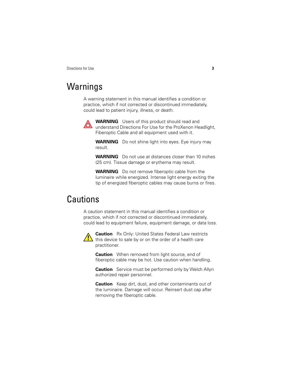 Warnings, Cautions, Warnings cautions | Welch Allyn Proxenon Headlight And Fiber Optic Cable - User Manual User Manual | Page 7 / 28