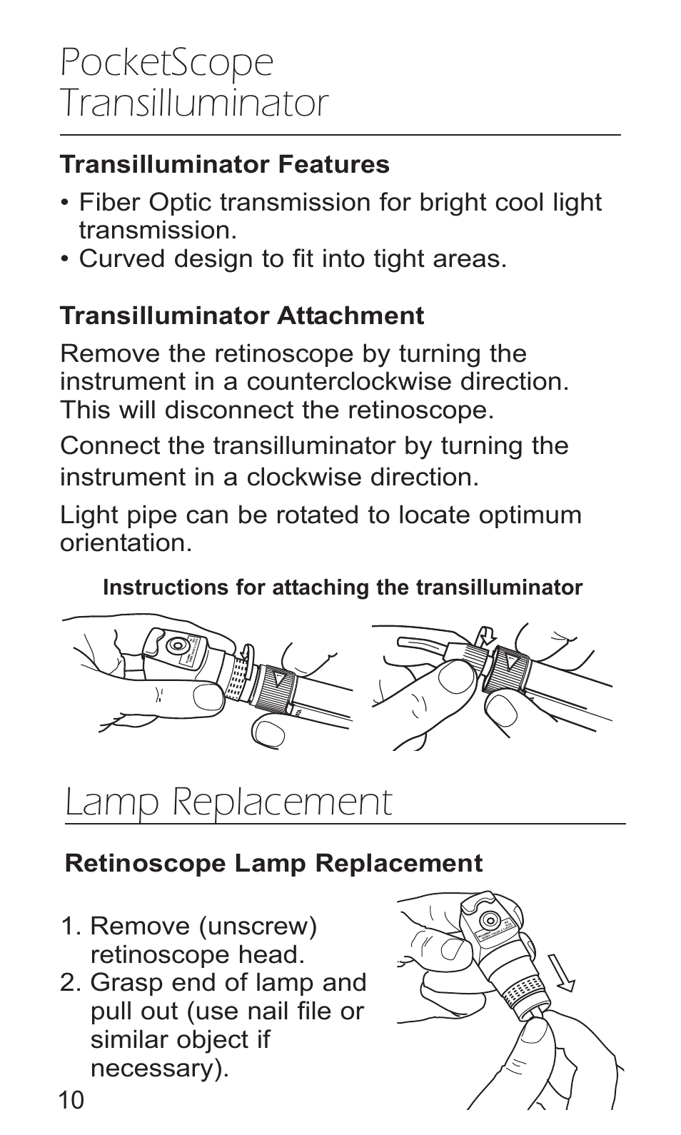 Pocketscope transilluminator, Lamp replacement | Welch Allyn PocketScopes - User Manual User Manual | Page 12 / 20