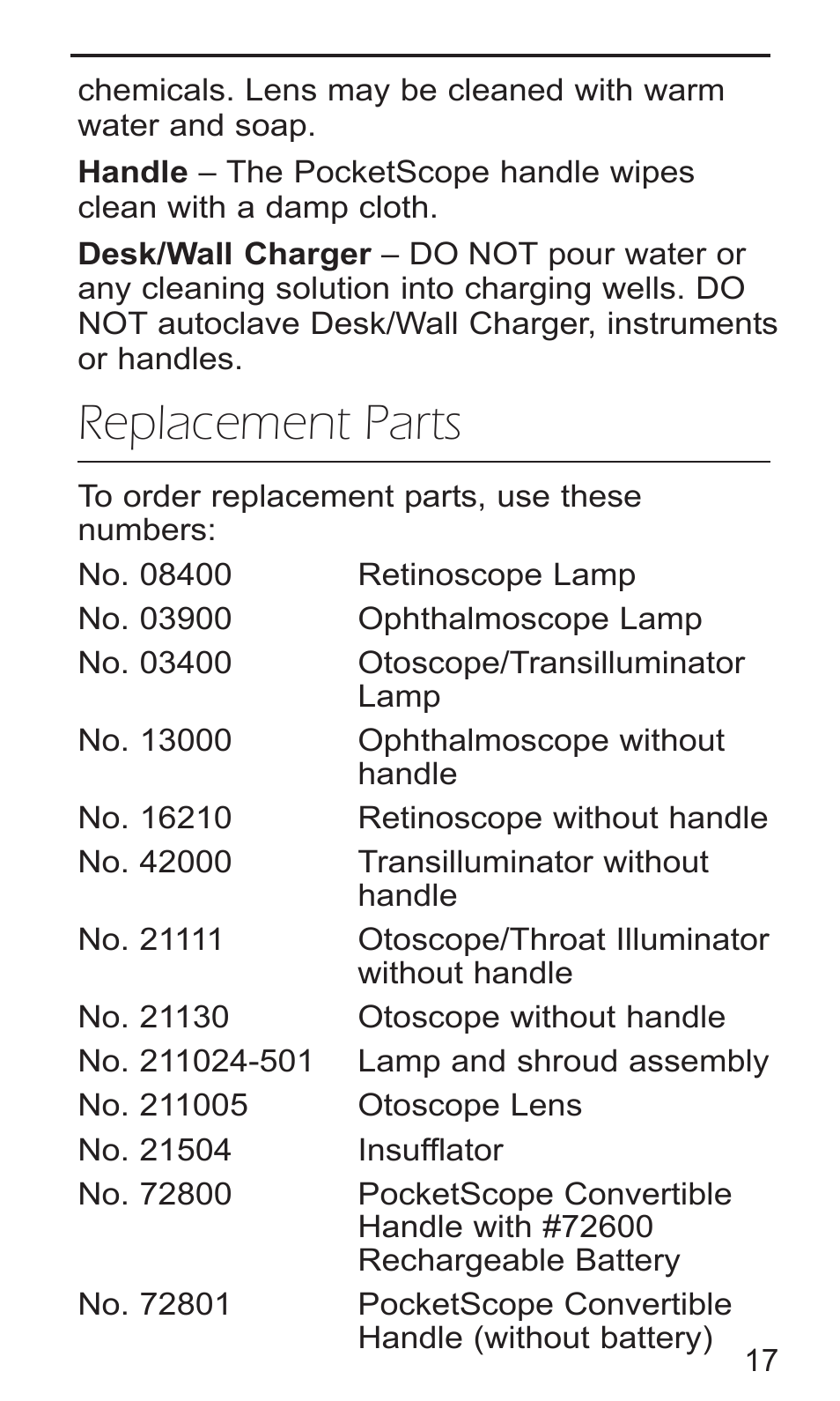 Replacement parts | Welch Allyn PocketScopes - User Manual User Manual | Page 19 / 20