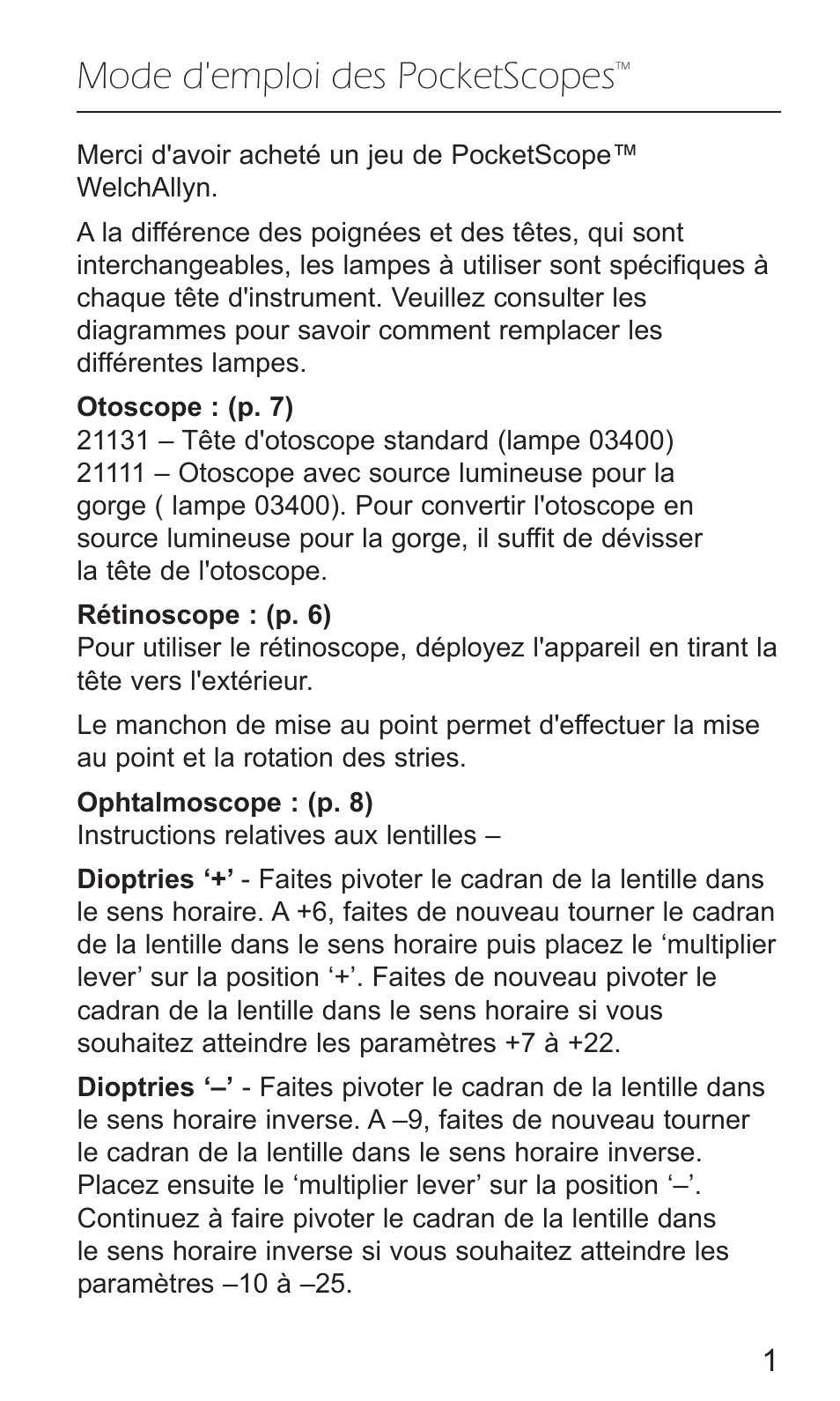 Mode d'emploi des pocketscopes | Welch Allyn PocketScopes - User Manual User Manual | Page 3 / 20