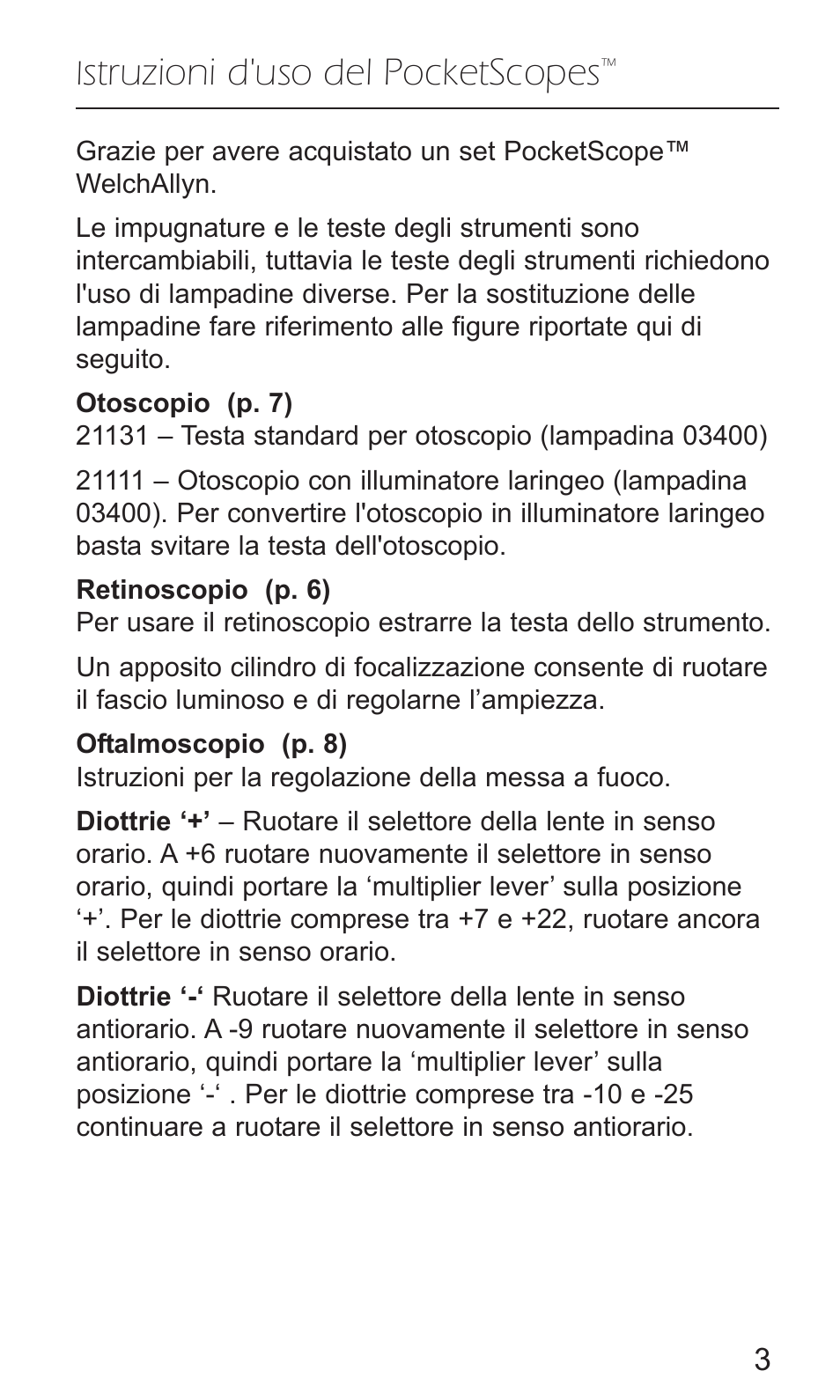 Struzioni d'uso del pocketscopes | Welch Allyn PocketScopes - User Manual User Manual | Page 5 / 20