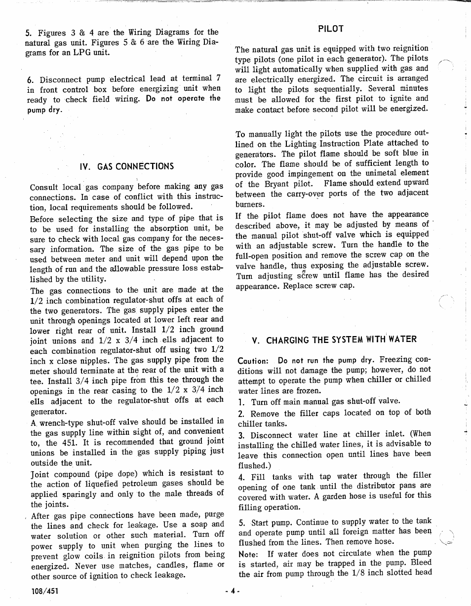 Pilot, Iv. gas connections, V. charging the system with water | Caution: do not run the pump dry. freezing con | Bryant 108-451 User Manual | Page 4 / 11