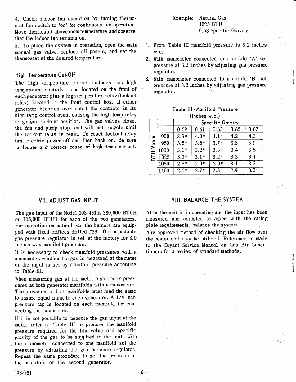 High temperature cut-off, Vii. adjust gas input, Viii. balance the system | Bryant 108-451 User Manual | Page 6 / 11