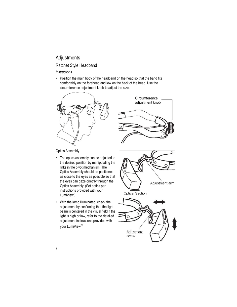 Adjustments connecting, Adjustments | Welch Allyn LumiView Portable Binocular Microscope - User Manual User Manual | Page 10 / 52