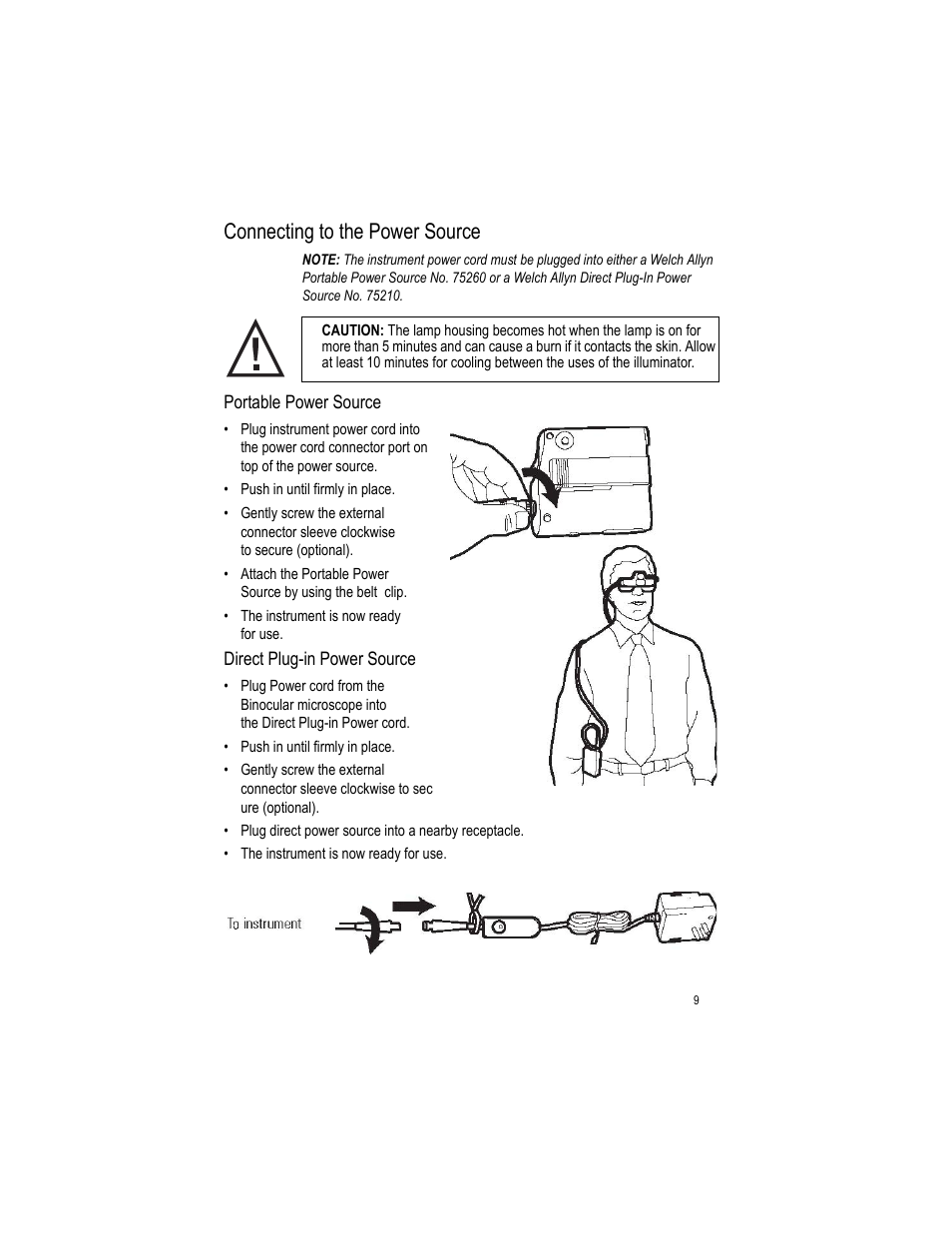 To the power source, Connecting to the power source | Welch Allyn LumiView Portable Binocular Microscope - User Manual User Manual | Page 13 / 52