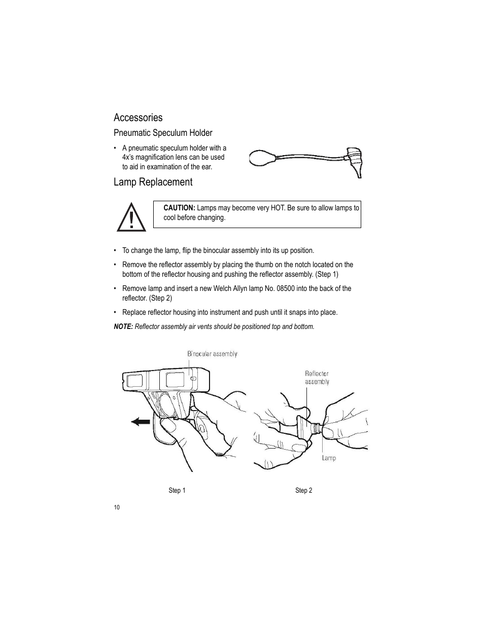 Lamp replacement, Accessories | Welch Allyn LumiView Portable Binocular Microscope - User Manual User Manual | Page 14 / 52