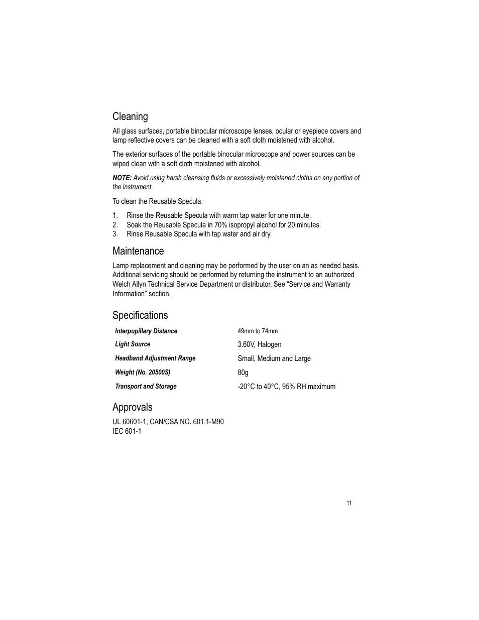 Cleaning maintenance specifications approvals, Cleaning, Maintenance | Specifications, Approvals | Welch Allyn LumiView Portable Binocular Microscope - User Manual User Manual | Page 15 / 52