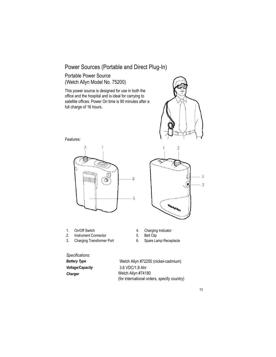 Power sources (portable and direct plug-in) | Welch Allyn LumiView Portable Binocular Microscope - User Manual User Manual | Page 17 / 52
