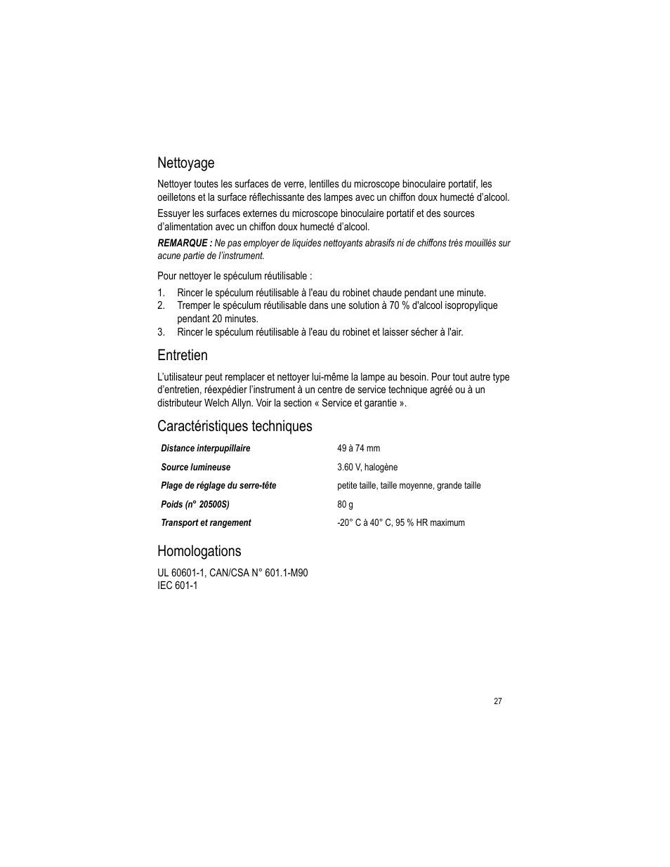 Nettoyage entretien, Homologations, Nettoyage | Entretien, Caractéristiques techniques | Welch Allyn LumiView Portable Binocular Microscope - User Manual User Manual | Page 31 / 52