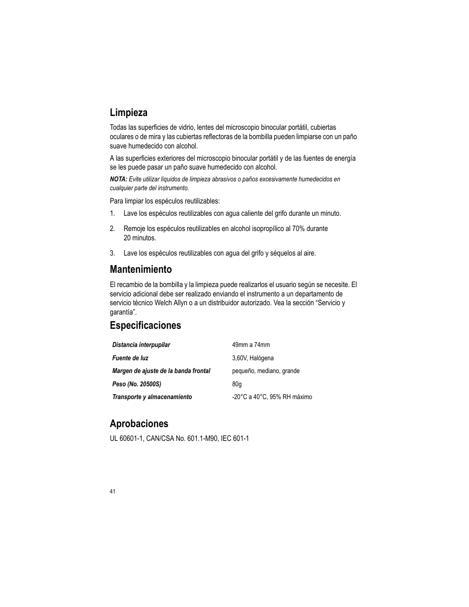 Limpieza, Mantenimiento, Especificaciones aprobaciones | Welch Allyn LumiView Portable Binocular Microscope - User Manual User Manual | Page 45 / 52