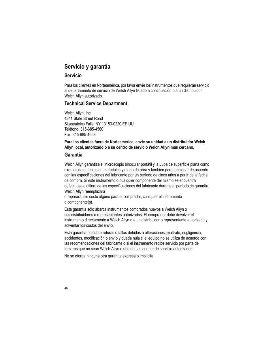 Servicio y garantía | Welch Allyn LumiView Portable Binocular Microscope - User Manual User Manual | Page 50 / 52