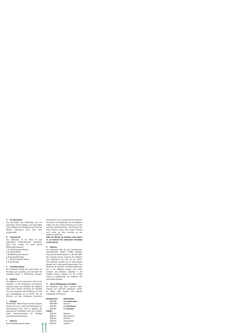 Ein-/ausschalter, Frequenzwahl, Lautstärkeregelung | Kopfhörer, Ohrbügel, Ohroliven, Batterien, Externe befestigungen und zubehör | Welch Allyn Master Elite Plus - User Manual User Manual | Page 12 / 18