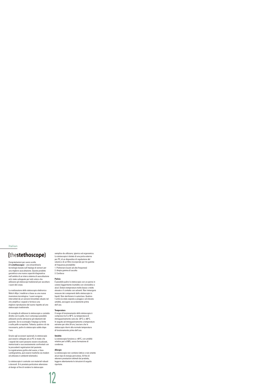 Italian, Thestethoscope), Pulizia | Temperatura, Umidità, Allergie | Welch Allyn Master Elite Plus - User Manual User Manual | Page 13 / 18