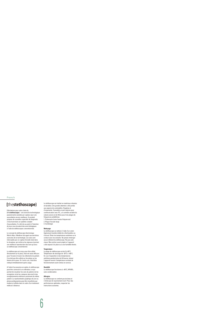French, Thestethoscope), Nettoyage | Température, Humidité, Allergies | Welch Allyn Master Elite Plus - User Manual User Manual | Page 7 / 18