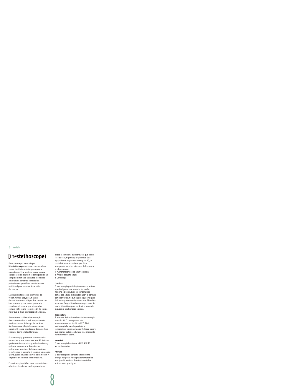 Spanish, Thestethoscope), Limpieza | Temperatura, Humedad, Alergias | Welch Allyn Master Elite Plus - User Manual User Manual | Page 9 / 18