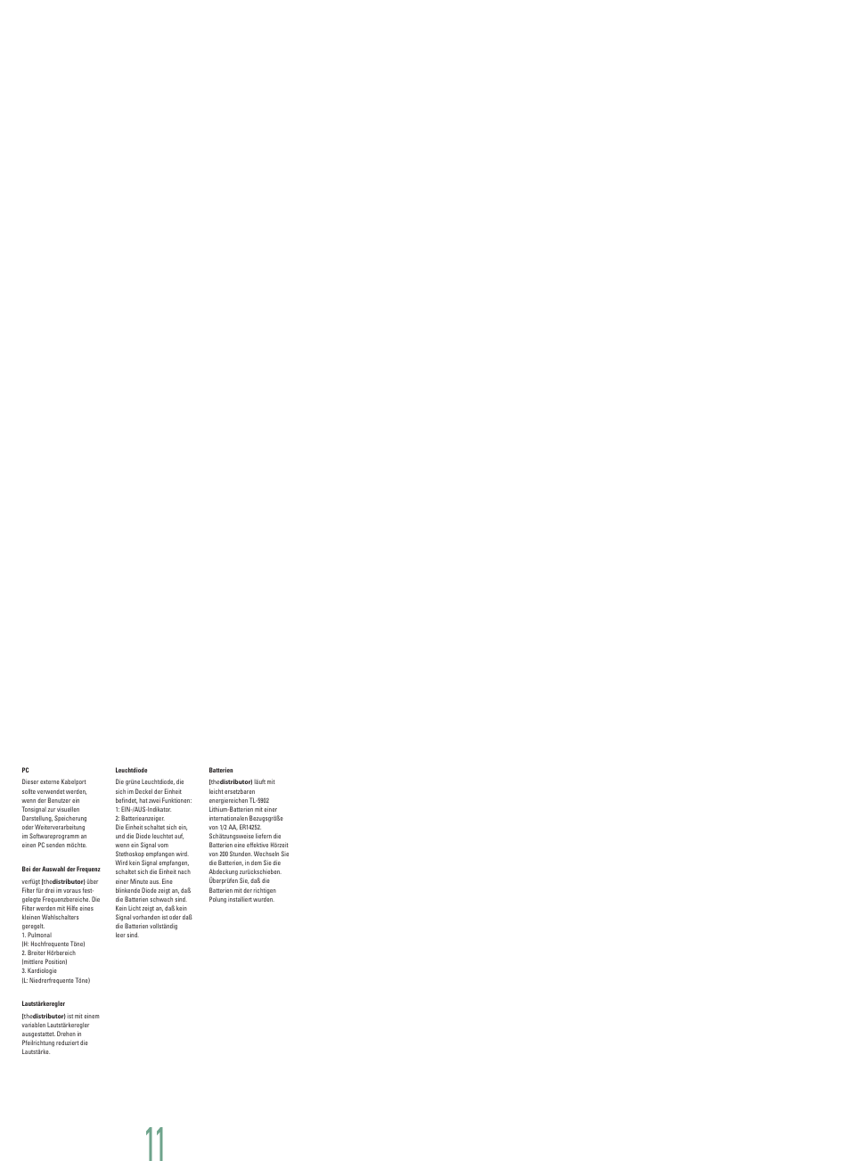 Bei der auswahl der frequenz, Lautstärkeregler, Leuchtdiode | Batterien | Welch Allyn Master Elite Plus Distributor - User Manual User Manual | Page 12 / 18