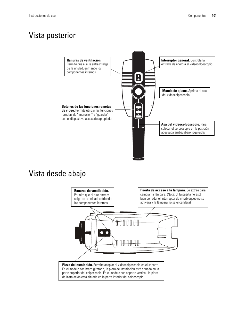 Vista posterior vista desde abajo, Vista posterior, Vista desde abajo | Welch Allyn Video Colposcope - User Manual User Manual | Page 103 / 400