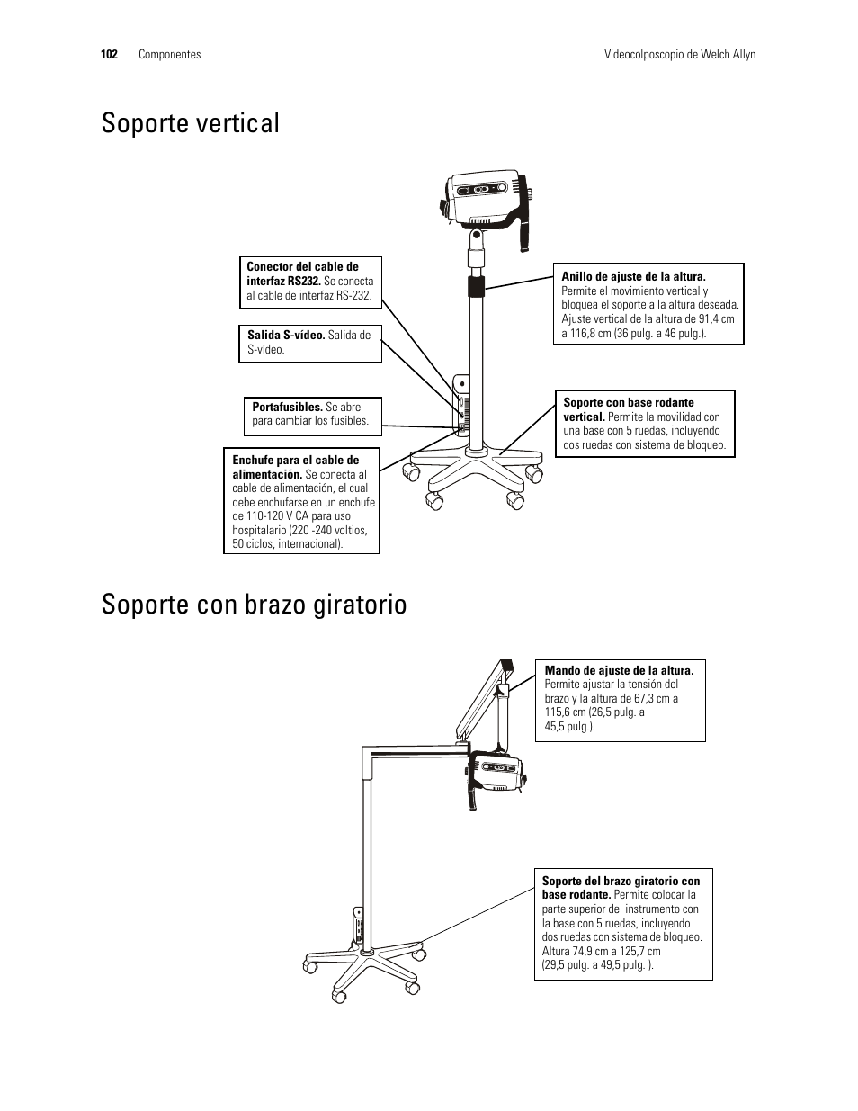 Soporte vertical soporte con brazo giratorio, Soporte vertical, Soporte con brazo giratorio | Welch Allyn Video Colposcope - User Manual User Manual | Page 104 / 400