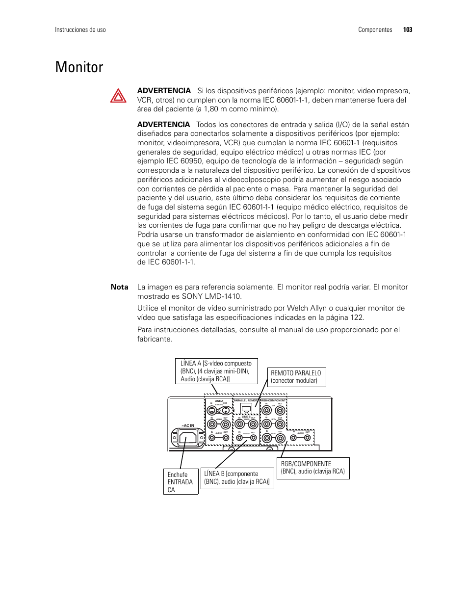 Monitor, Instrucciones de uso componentes 103 | Welch Allyn Video Colposcope - User Manual User Manual | Page 105 / 400
