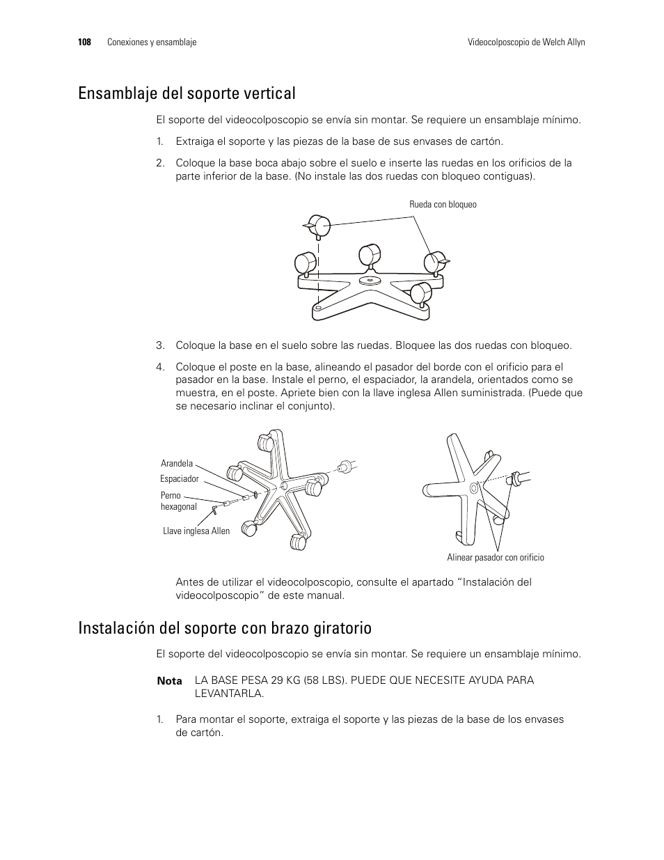 Ensamblaje del soporte vertical, Instalación del soporte con brazo giratorio | Welch Allyn Video Colposcope - User Manual User Manual | Page 110 / 400