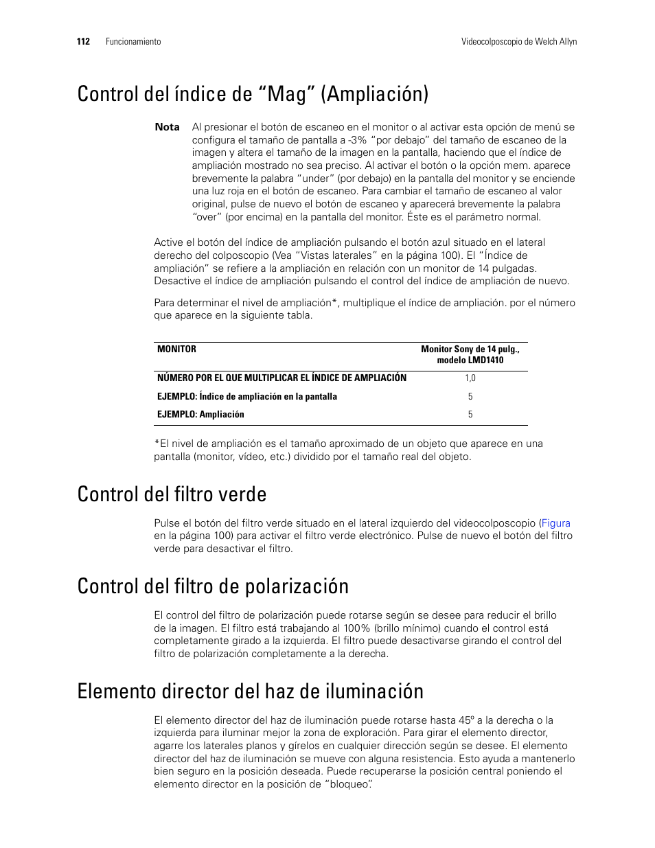 Control del índice de “mag” (ampliación), Control del filtro verde, Control del filtro de polarización | Elemento director del haz de iluminación | Welch Allyn Video Colposcope - User Manual User Manual | Page 114 / 400