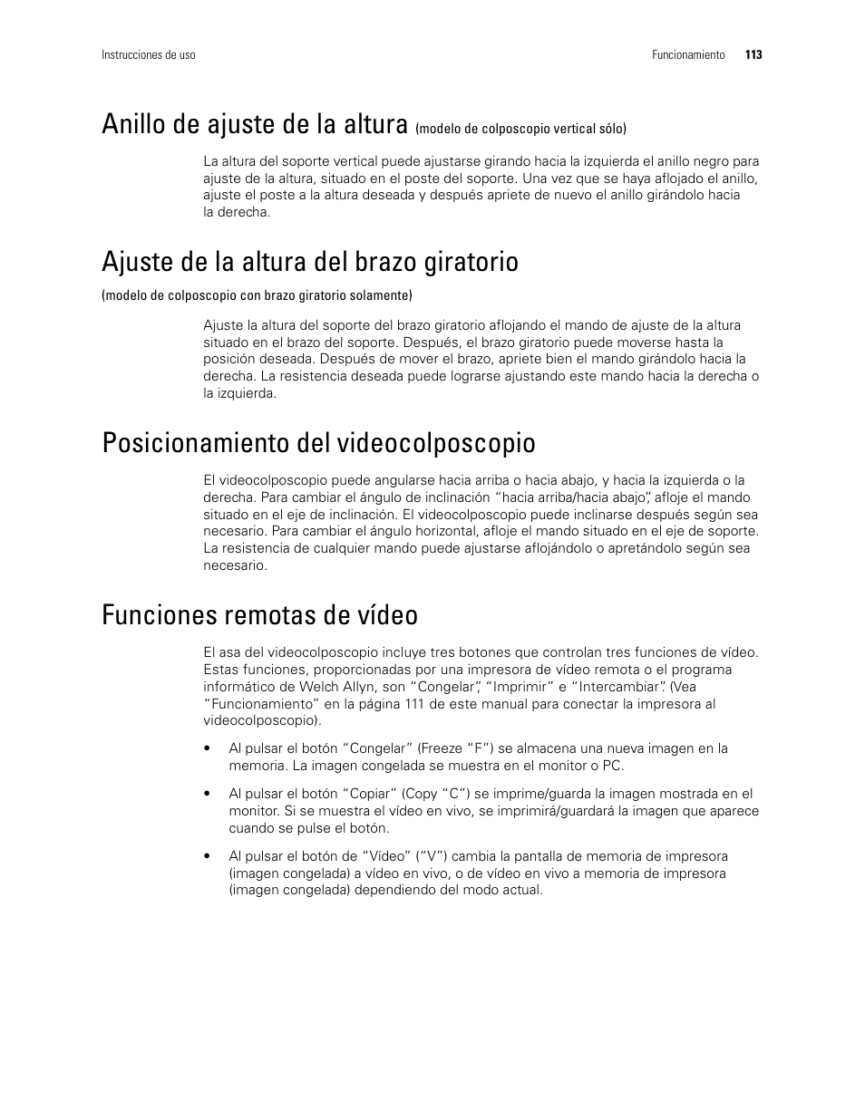 Anillo de ajuste de la altura, Ajuste de la altura del brazo giratorio, Posicionamiento del videocolposcopio | Funciones remotas de vídeo | Welch Allyn Video Colposcope - User Manual User Manual | Page 115 / 400