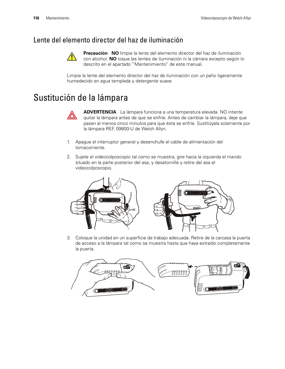 Lente del elemento director del haz de iluminación, Sustitución de la lámpara | Welch Allyn Video Colposcope - User Manual User Manual | Page 118 / 400