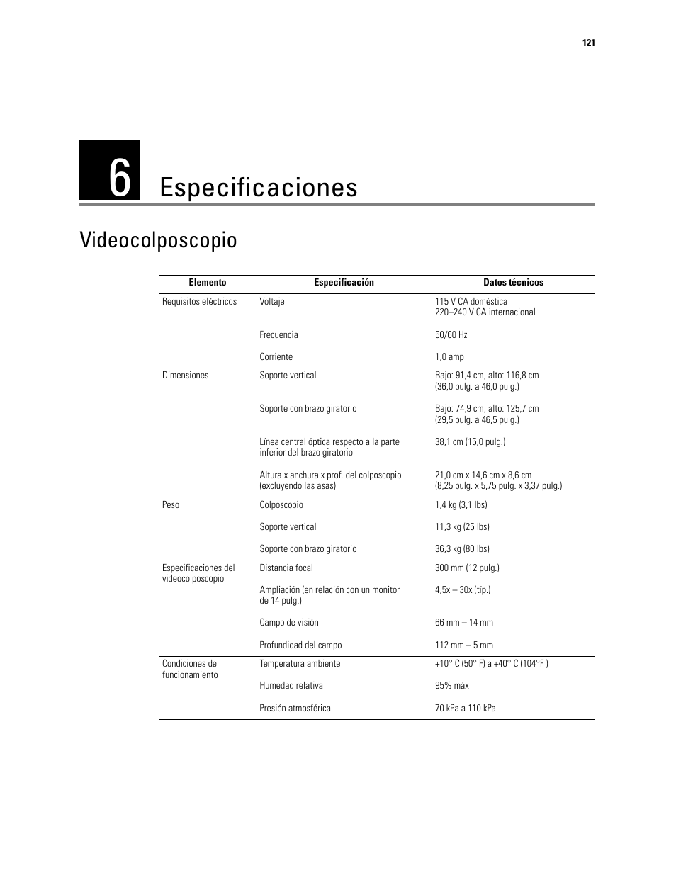 Especificaciones, 6 - especificaciones, Videocolposcopio | Welch Allyn Video Colposcope - User Manual User Manual | Page 123 / 400
