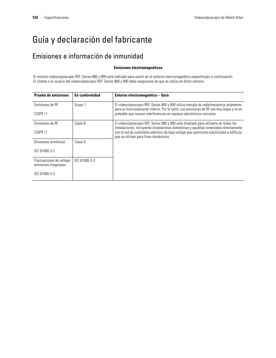 Guía y declaración del fabricante, Emisiones e información de inmunidad | Welch Allyn Video Colposcope - User Manual User Manual | Page 126 / 400