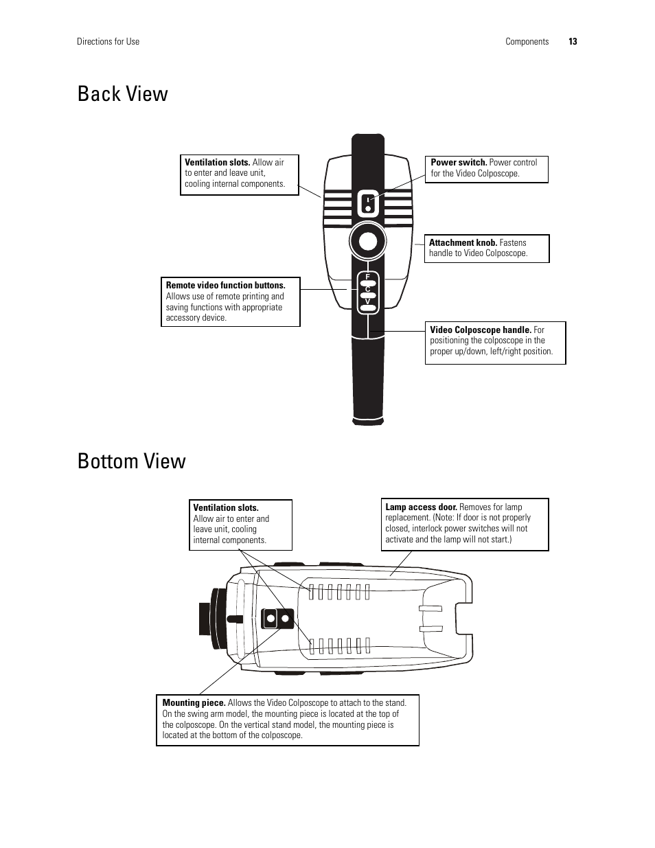 Back view bottom view, Back view, Bottom view | Welch Allyn Video Colposcope - User Manual User Manual | Page 15 / 400