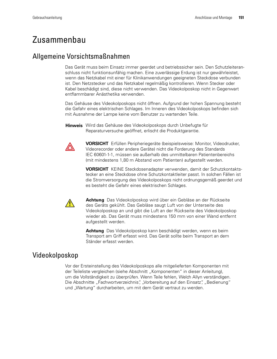 Zusammenbau, Allgemeine vorsichtsmaßnahmen videokolposkop, Allgemeine vorsichtsmaßnahmen | Videokolposkop | Welch Allyn Video Colposcope - User Manual User Manual | Page 153 / 400