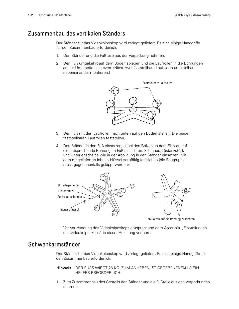 Zusammenbau des vertikalen ständers, Schwenkarmständer | Welch Allyn Video Colposcope - User Manual User Manual | Page 154 / 400