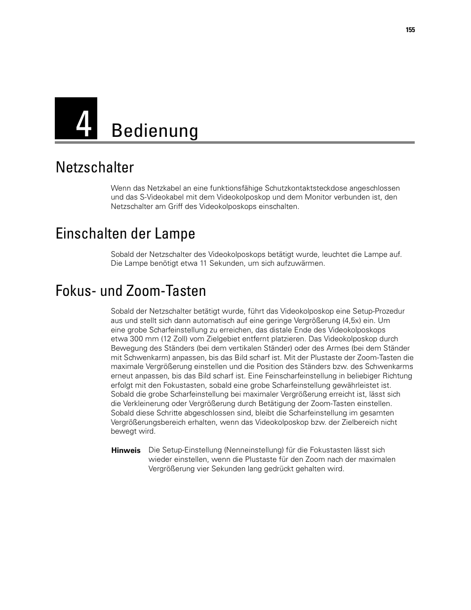 Bedienung, 4 - bedienung, Netzschalter | Einschalten der lampe, Fokus- und zoom-tasten | Welch Allyn Video Colposcope - User Manual User Manual | Page 157 / 400